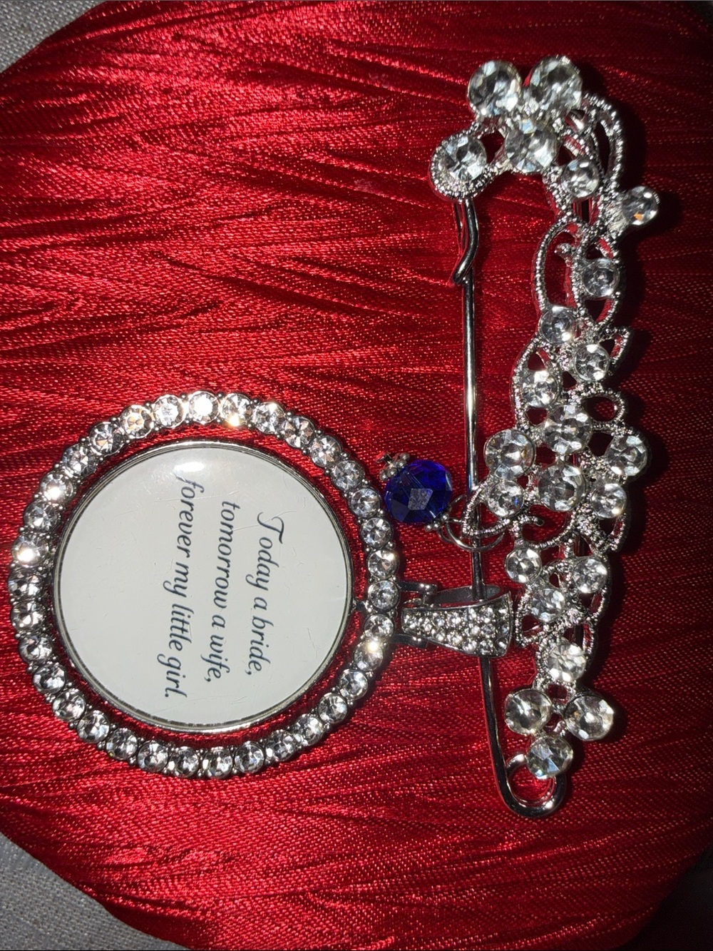 Rhinestone Silver Brooch with Blue Accent - Wedding Keepsake